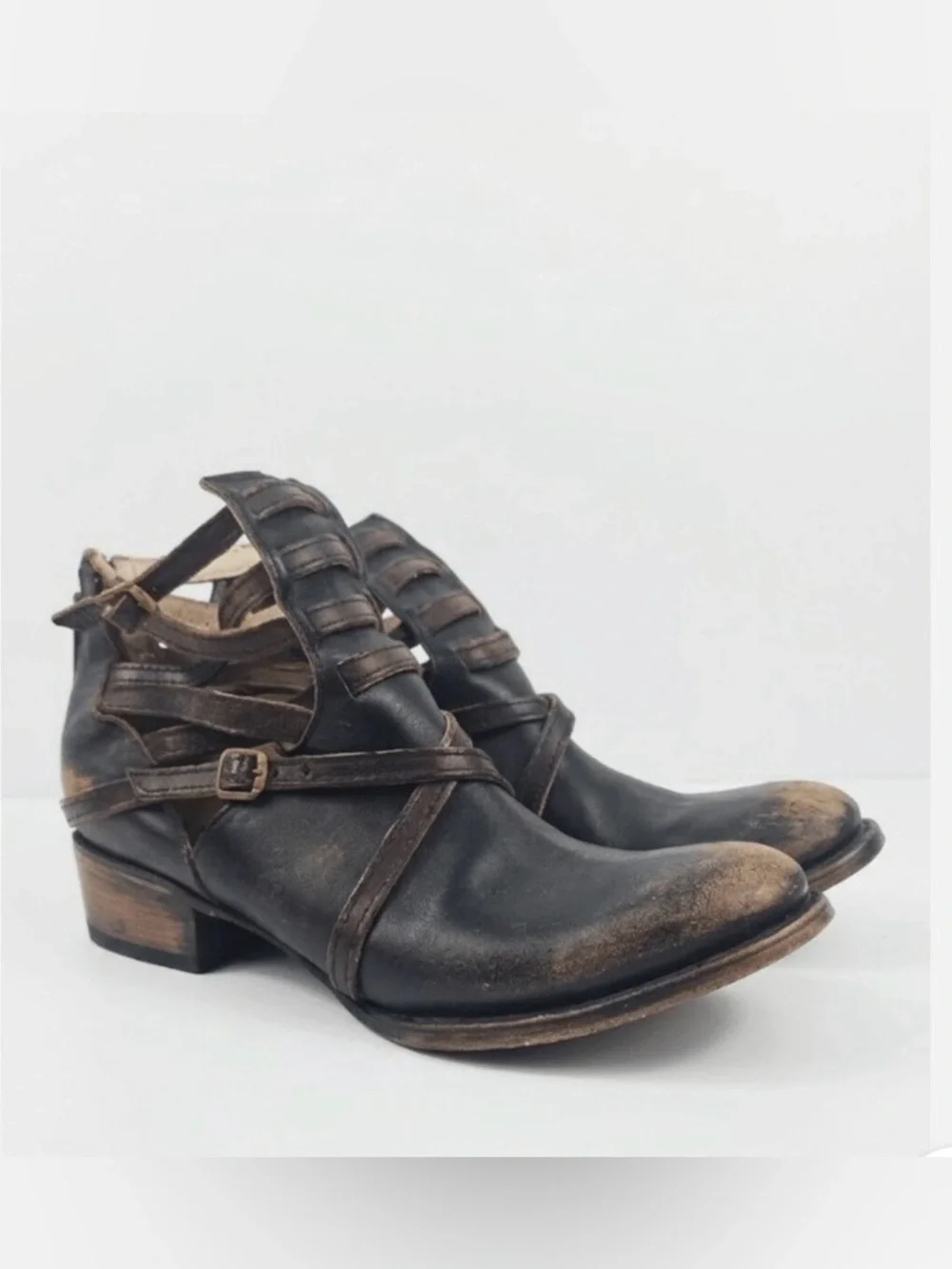 Freebird by Steven Distressed Black & Brown Leather Cutout Ankle Boots